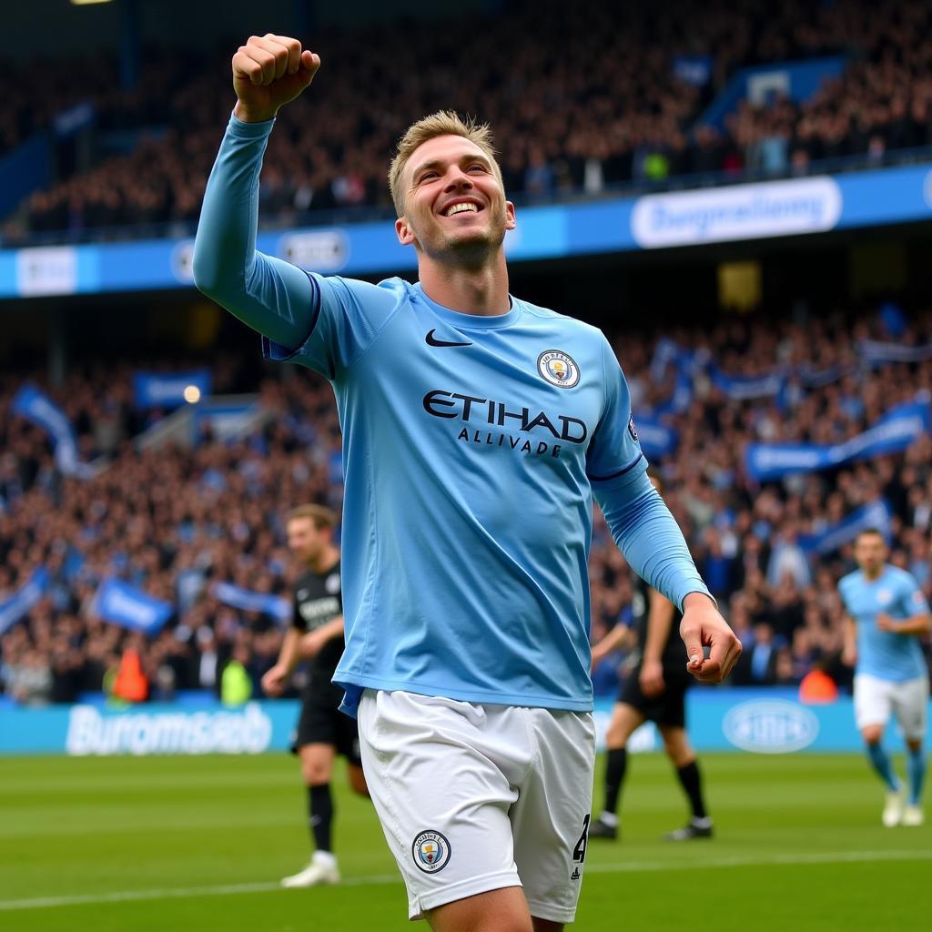 Haaland celebrating a goal at the Etihad Stadium