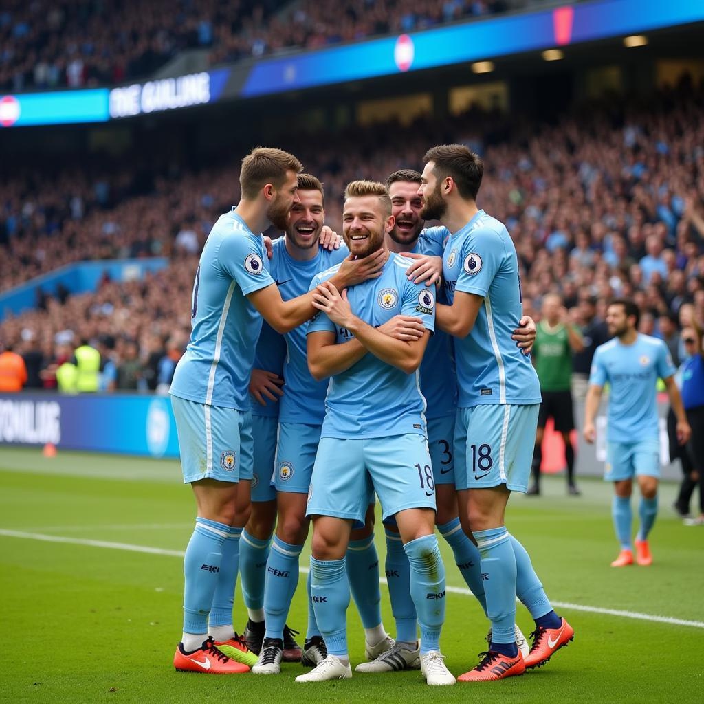 Haaland celebrates his first goal with Man City teammates