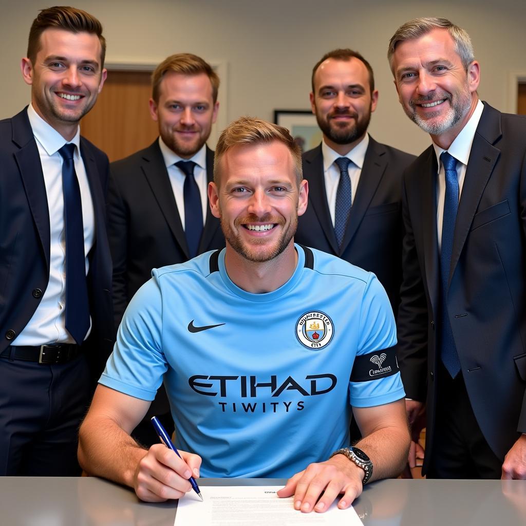 Erling Haaland signing his contract with Manchester City