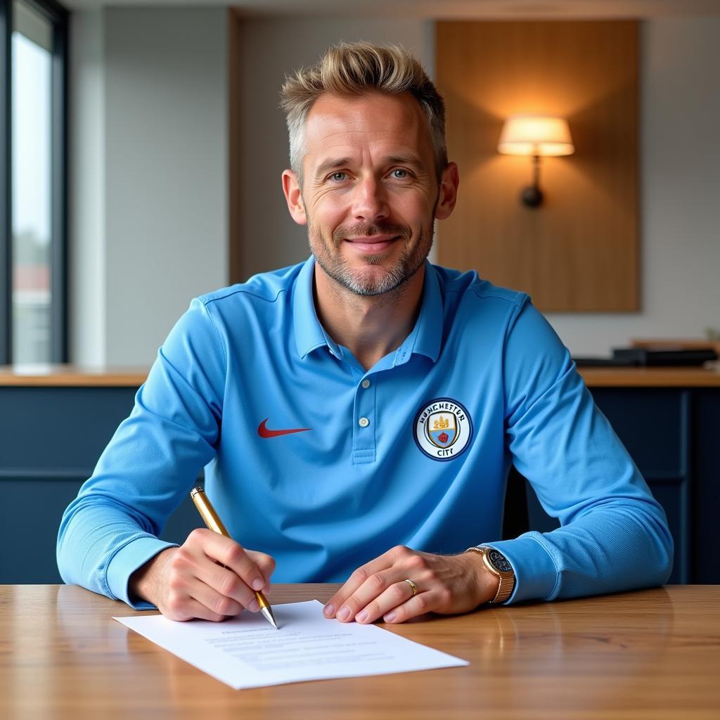 Erling Haaland signing his contract with Manchester City.