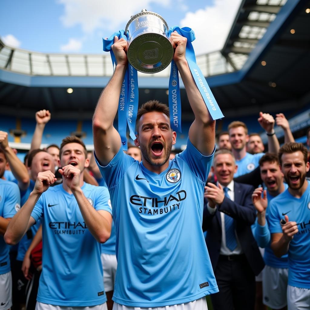 Erling Haaland celebrating with the Premier League Trophy with Man City