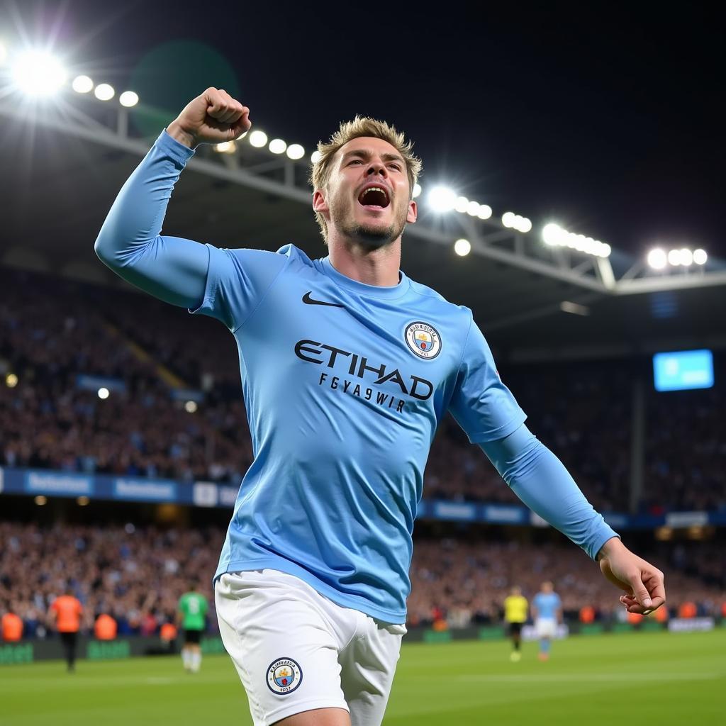 Haaland Celebrating a Goal in his Man City Kit