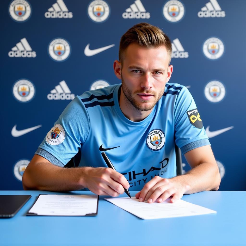 Haaland signing his Man City contract - A fictional image depicting Haaland signing a contract with Man City.