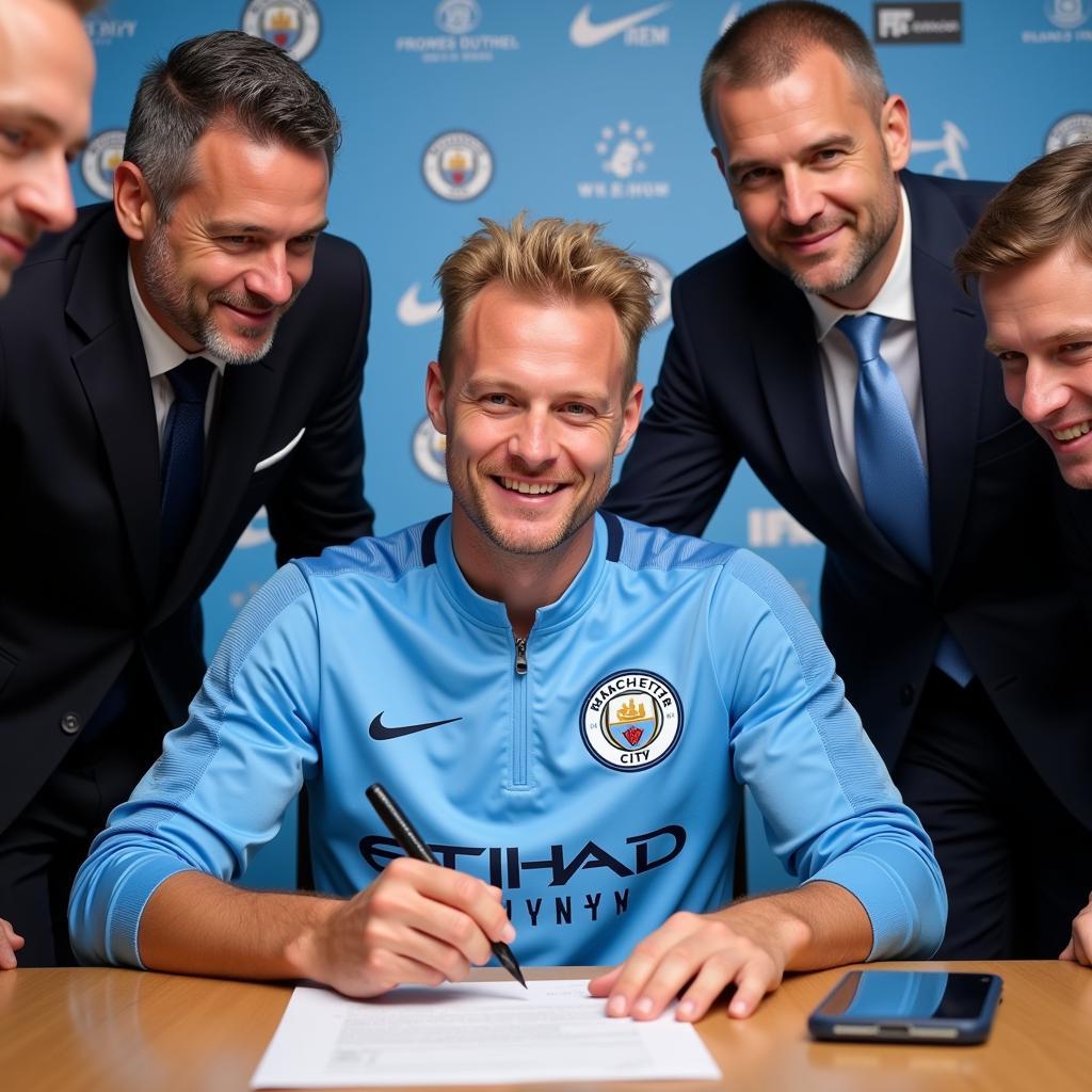 Erling Haaland signing his contract with Manchester City