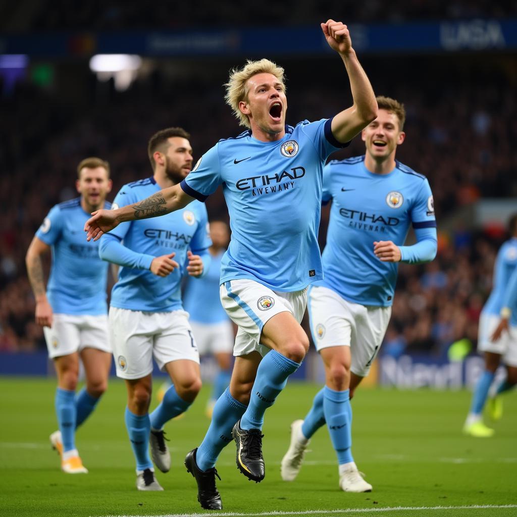 Haaland celebrating a goal in a Manchester City kit