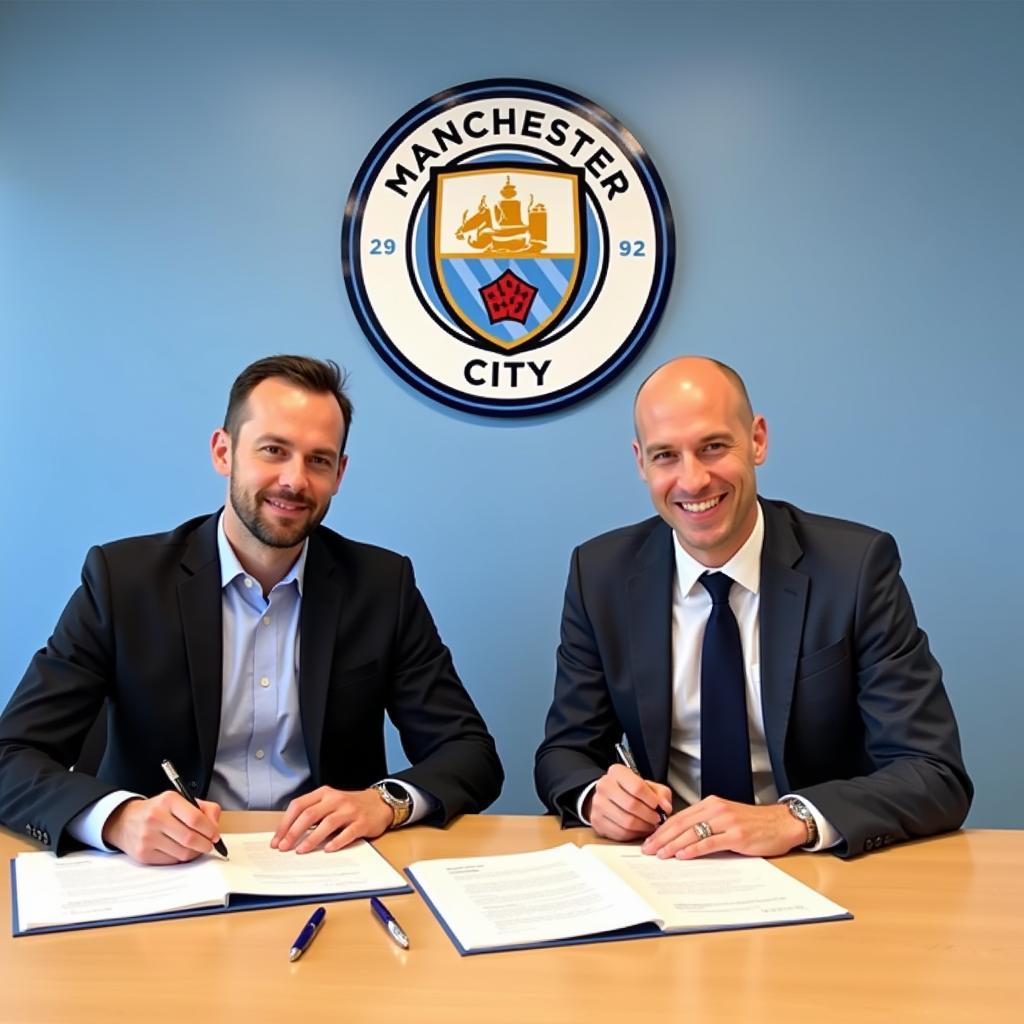 Erling Haaland signing his contract with Manchester City.