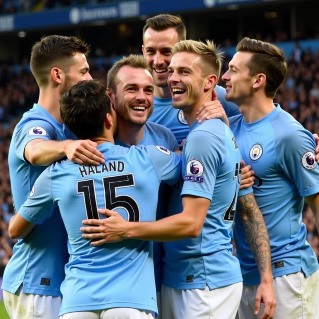 Erling Haaland celebrating a victory with his Manchester City teammates