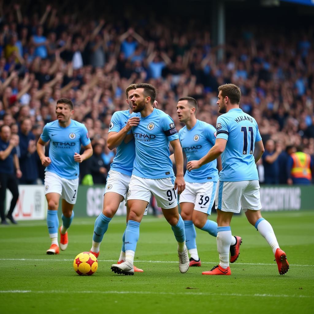 Erling Haaland celebrates with his Manchester City teammates, emphasizing his importance to the team.