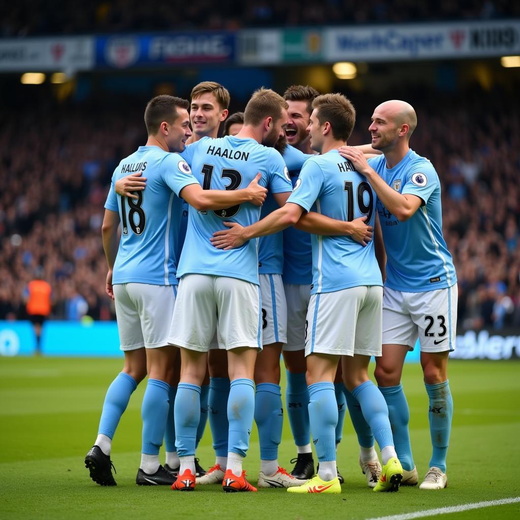 Haaland celebrating with his Manchester City teammates