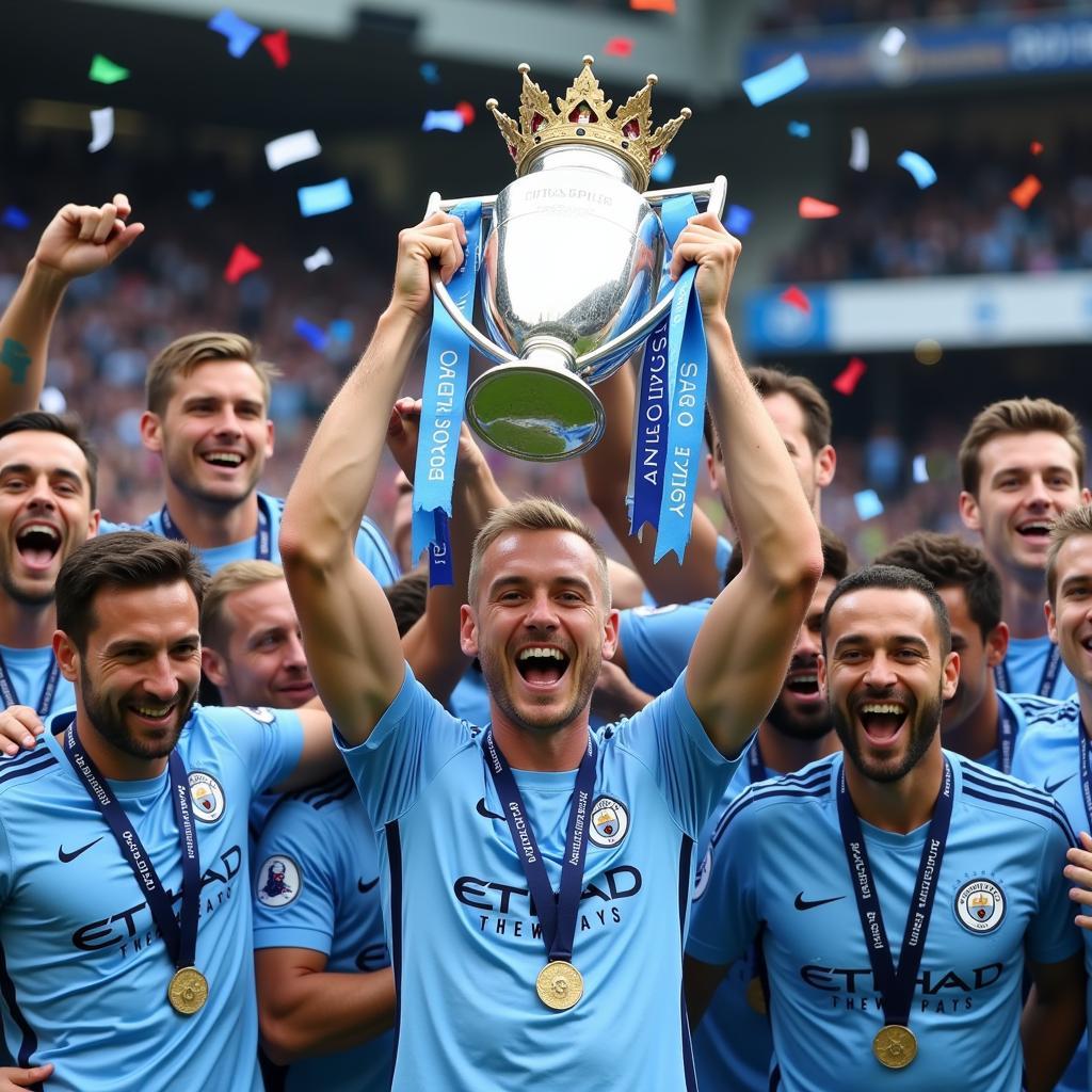 Haaland celebrating a Premier League title with his Man City teammates