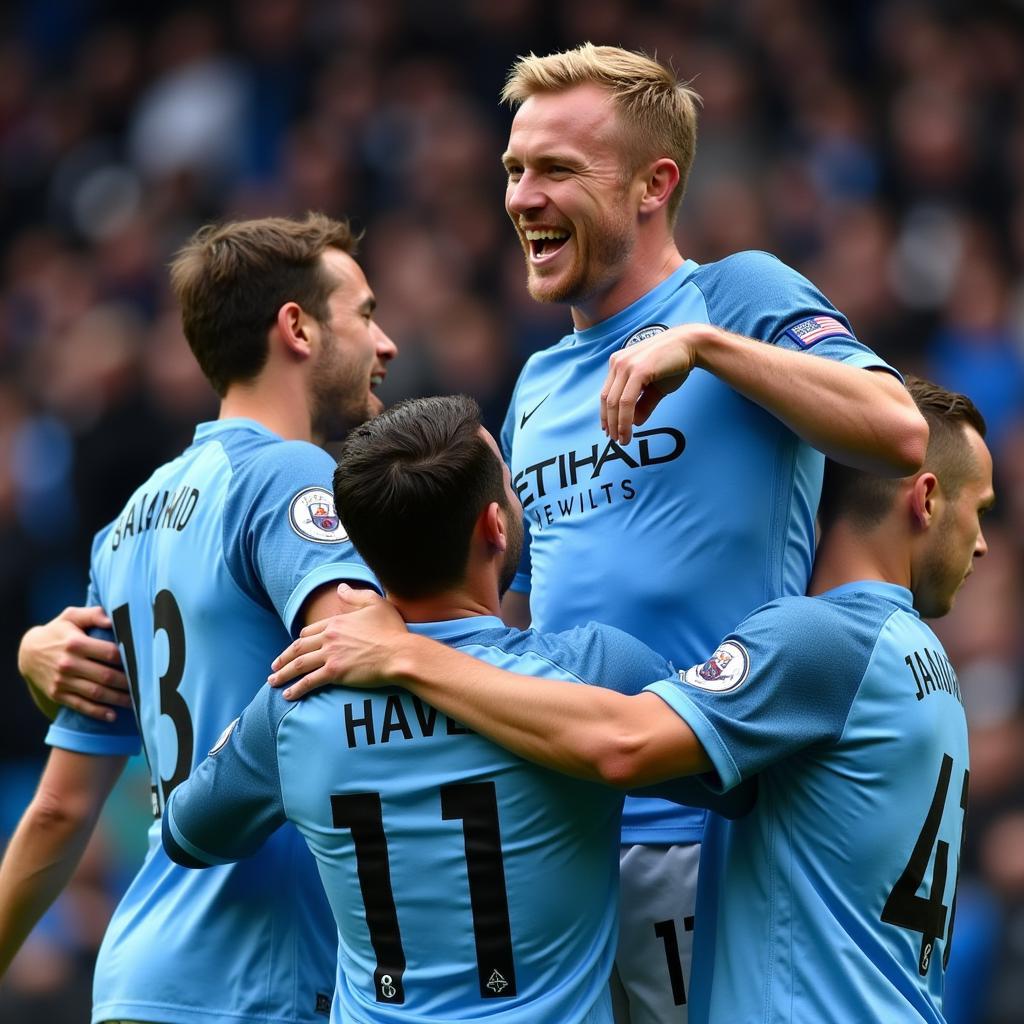 Haaland celebrating a goal in a Manchester City kit