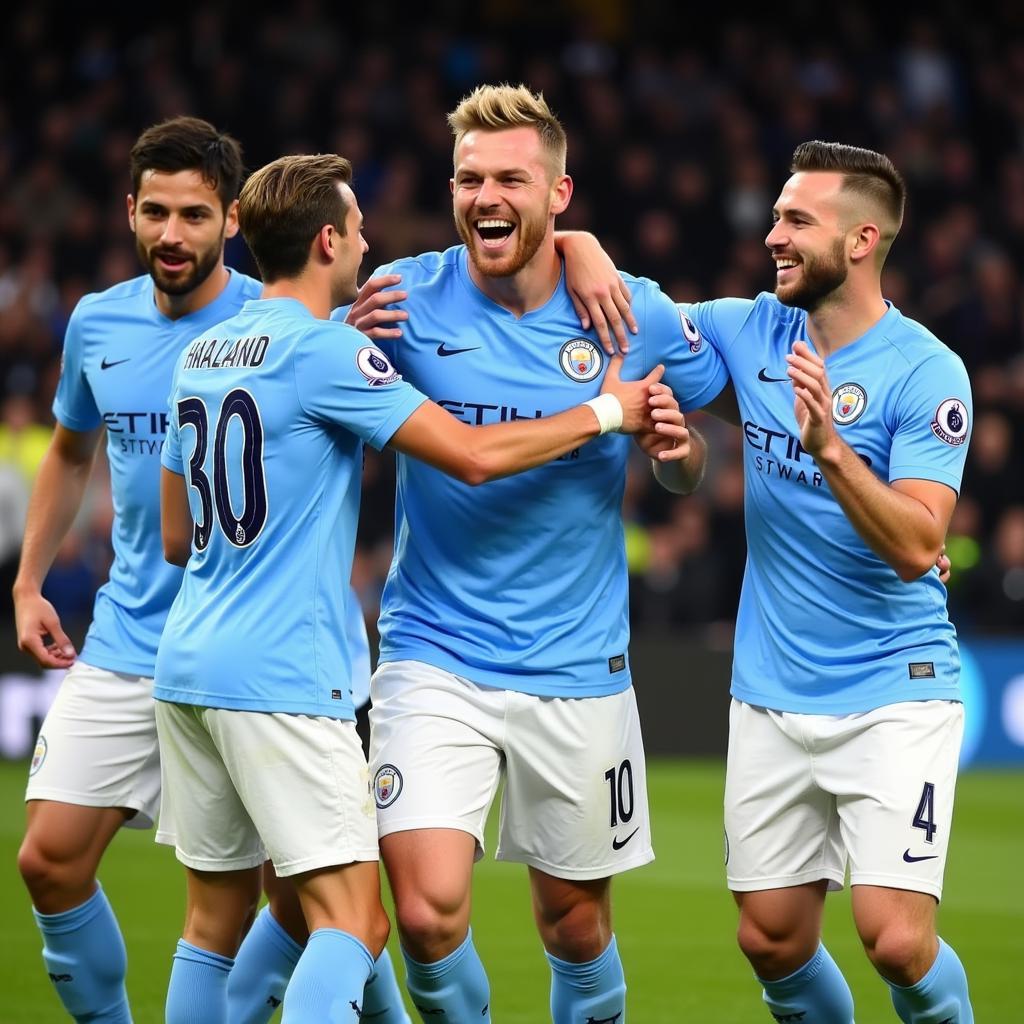 Haaland celebrating with Manchester City teammates