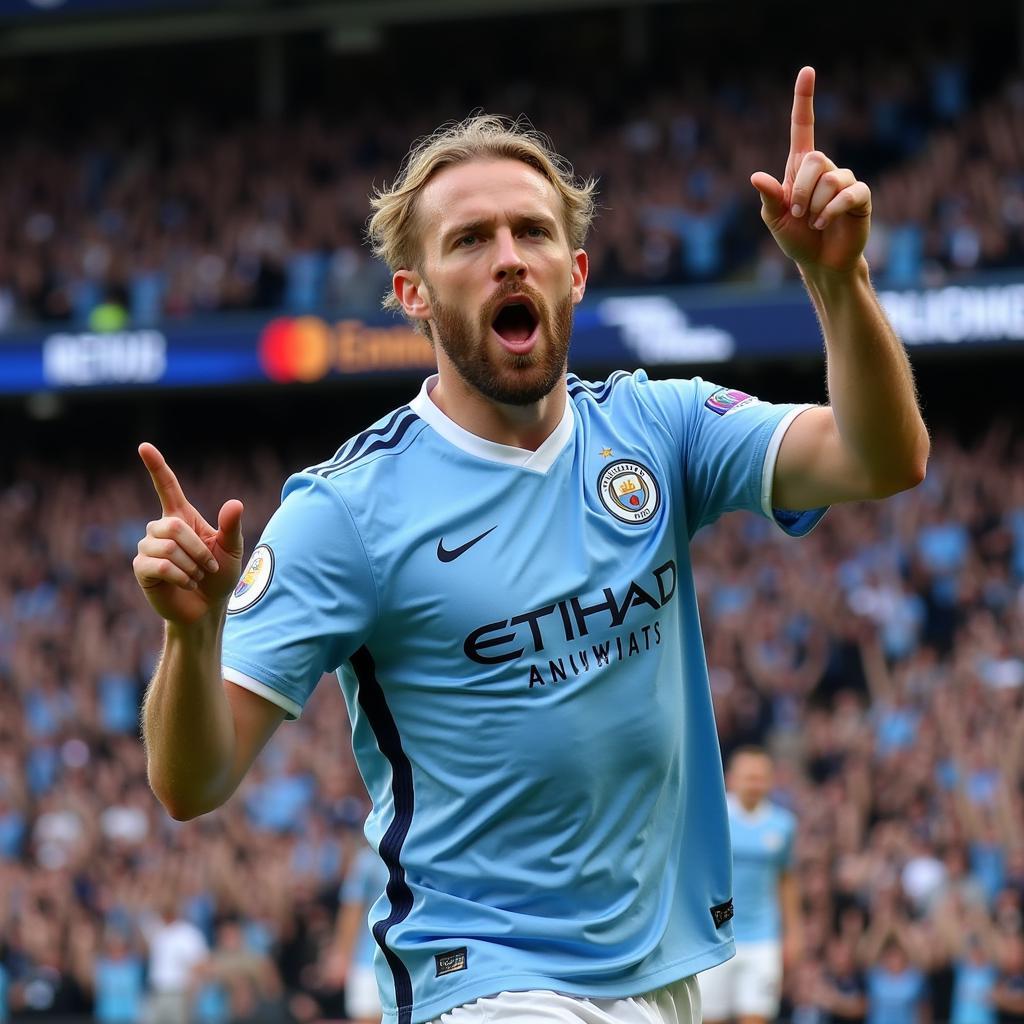 Haaland celebrates a goal in his Manchester City jersey