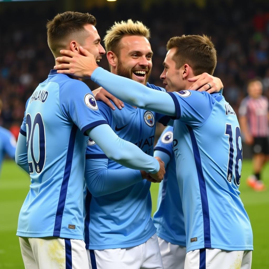 Erling Haaland celebrating with Manchester City teammates