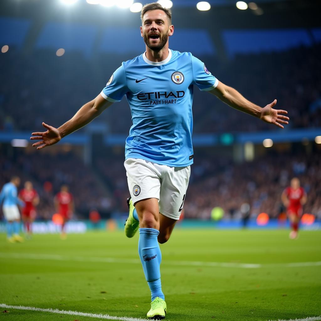 Haaland celebrates a Champions League goal in a Manchester City jersey.