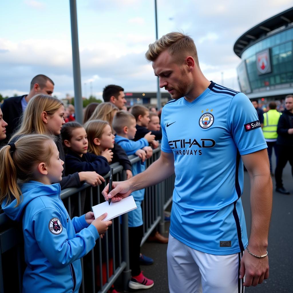 Haaland interacts with fans wearing his Manchester City jersey