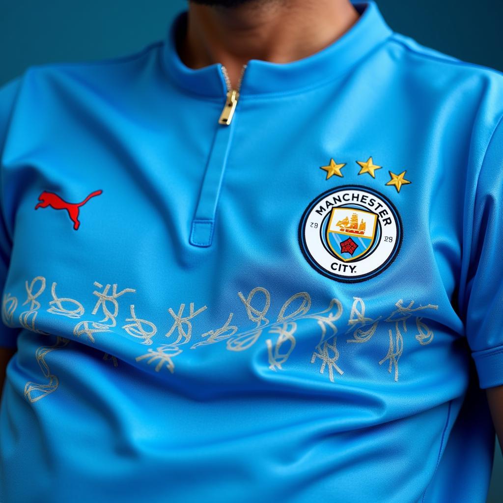 Close up of the Haaland Manchester City kit details