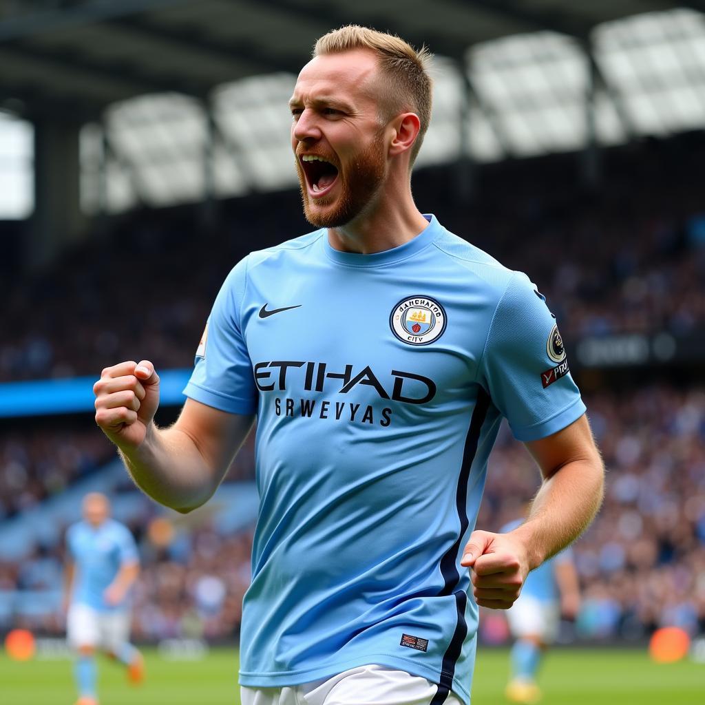 Haaland Celebrating a Goal in his Manchester City Shirt