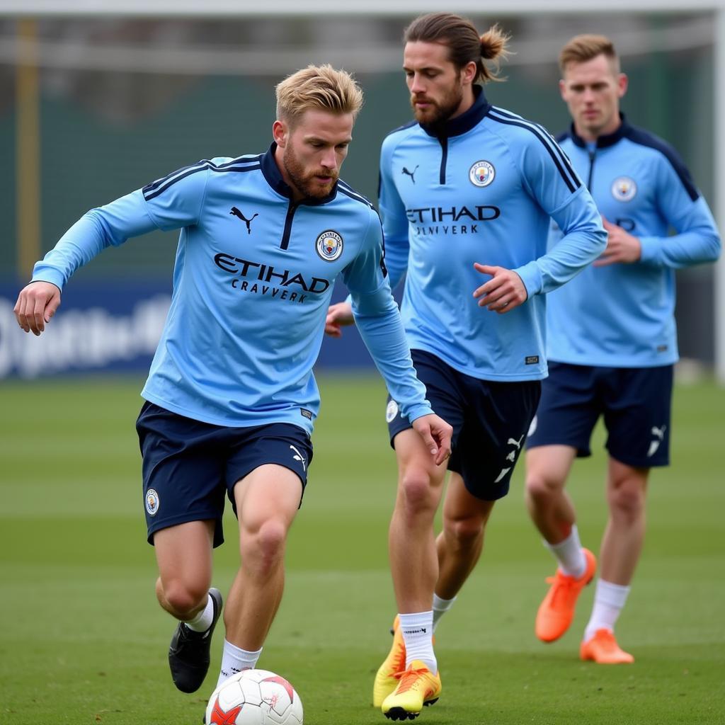 Erling Haaland participates in a training session with Manchester City.