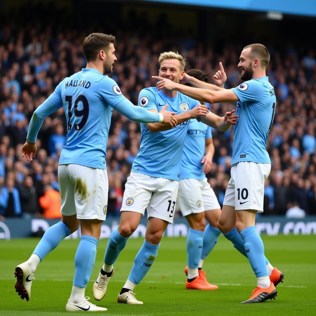 Erling Haaland scoring a goal for Manchester City