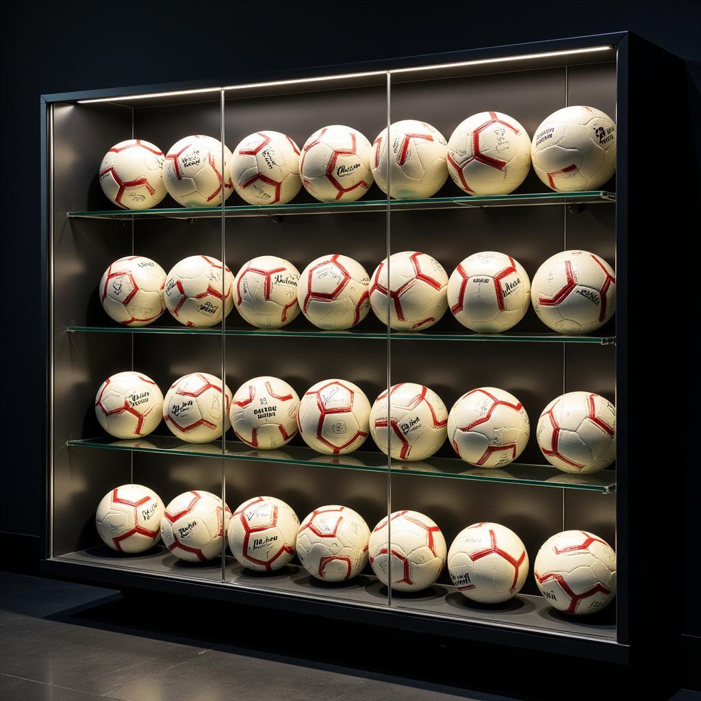 A display case showcasing Erling Haaland's collection of match balls.