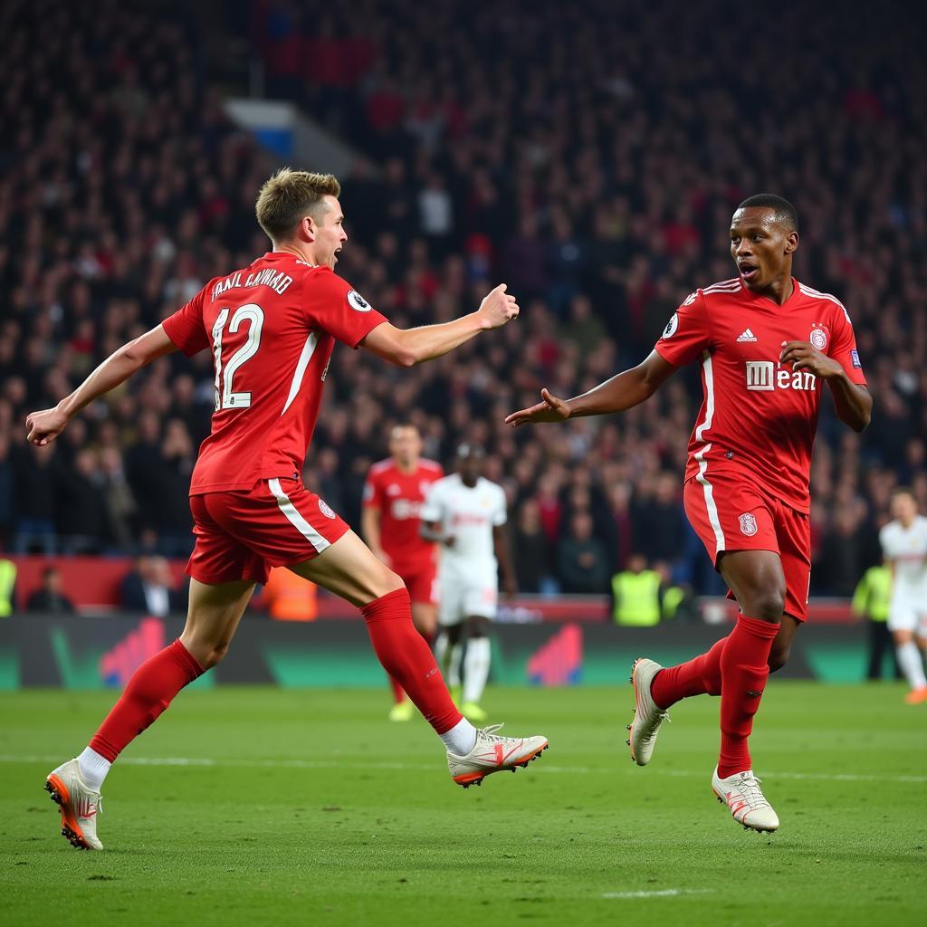 Both players celebrate scoring a goal, highlighting their impact on the game.