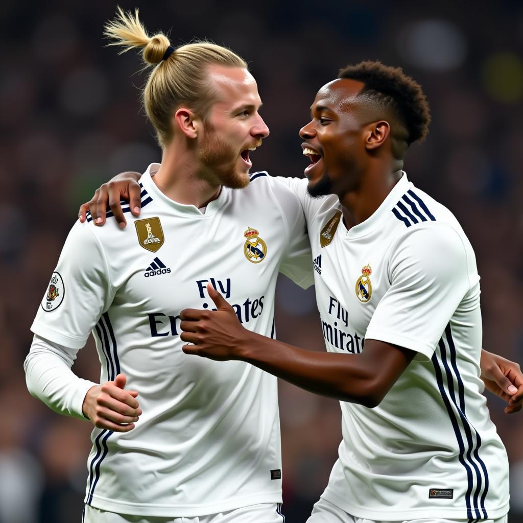 Haaland and Mbappe celebrate a goal together in Real Madrid jerseys