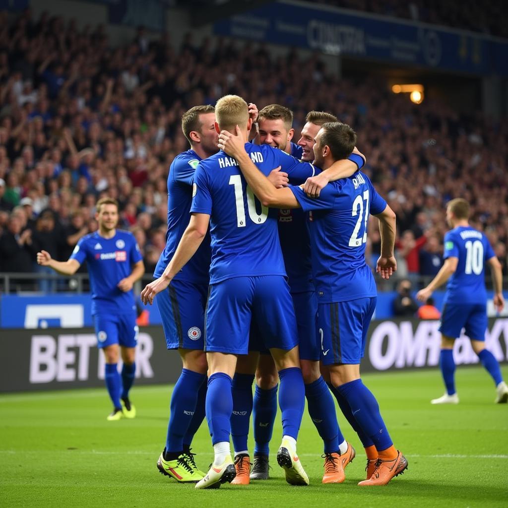 Erling Haaland celebrating a goal with his Molde FK teammates in 2018