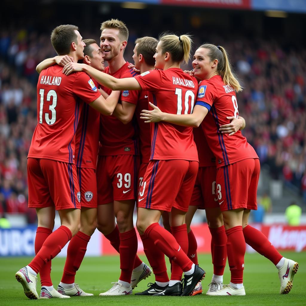 Haaland celebrating a goal with Norway teammates