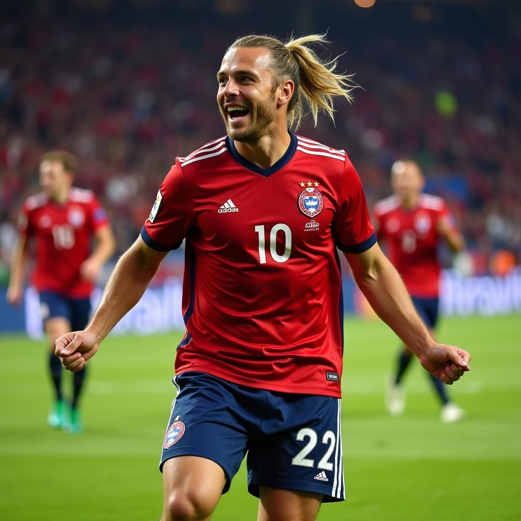 Erling Haaland celebrating a goal while wearing the Norwegian national team jersey.