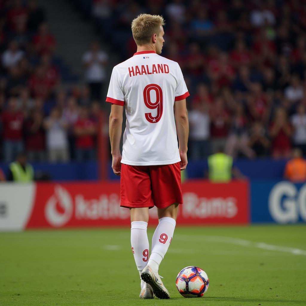 Erling Haaland wearing the Norway national team jersey, preparing to take a free-kick.