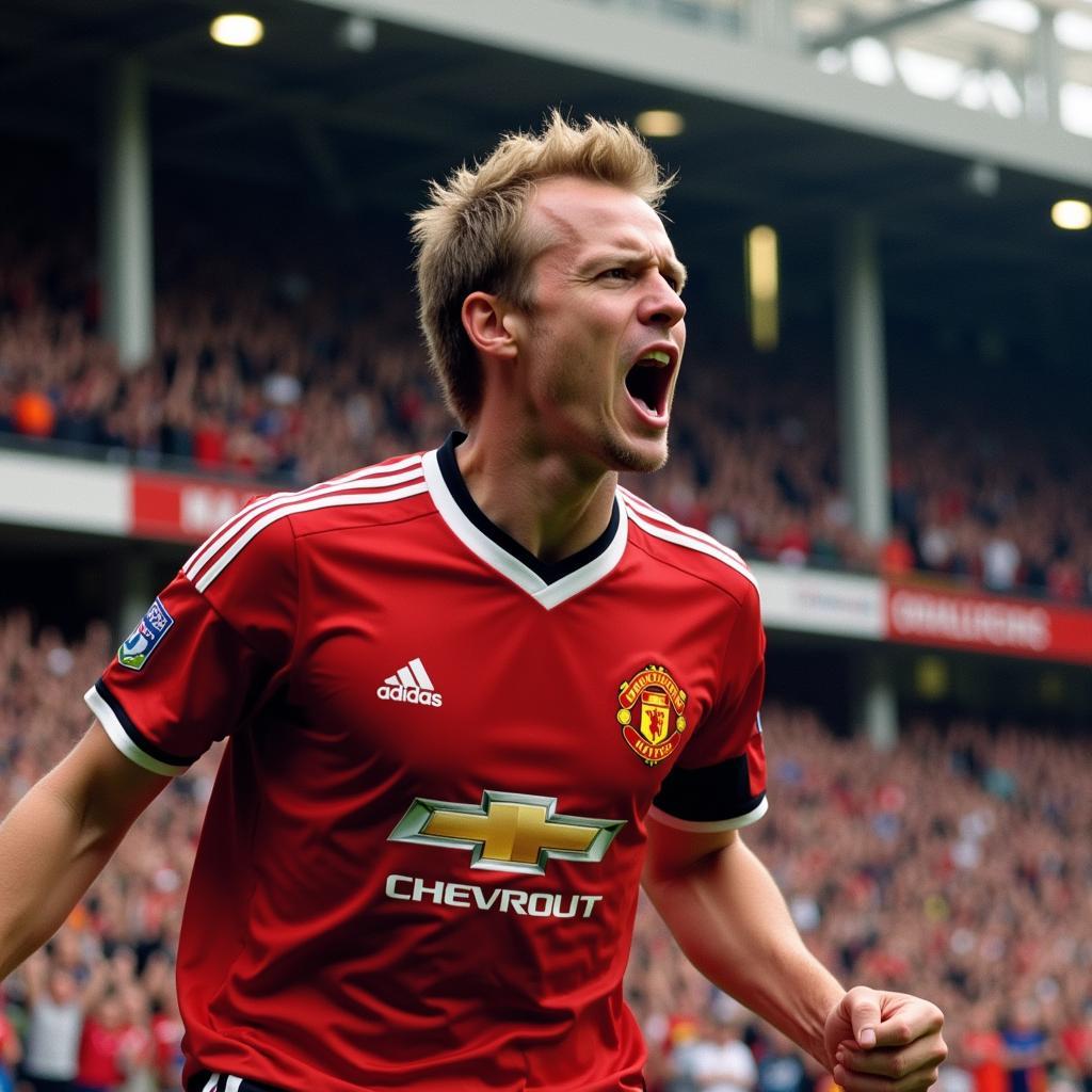 Haaland celebrating a goal at Old Trafford in a Manchester United kit