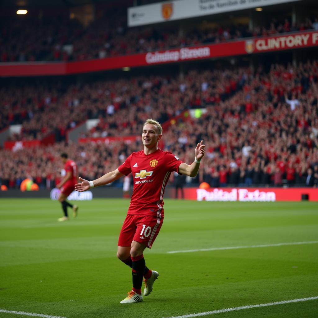 Erling Haaland celebrating a goal at Old Trafford in a Manchester United kit