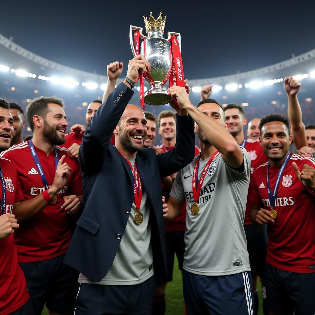 Haaland and Pep Celebrating with a Trophy