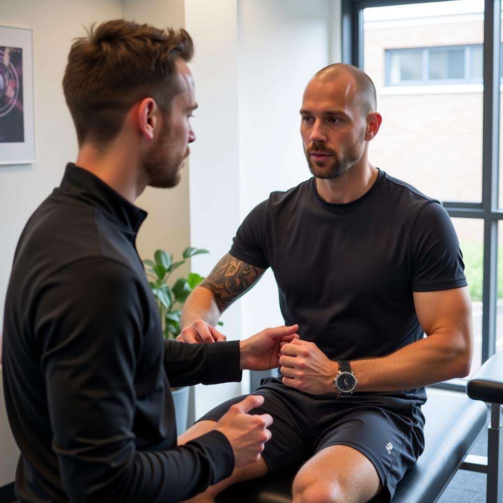 Erling Haaland undergoing physiotherapy with a trainer