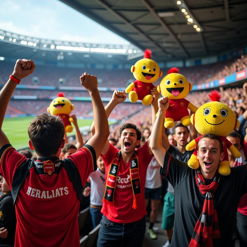 Haaland Plush Toy Popularity - A group of fans holding Haaland plush toys, cheering in a stadium.