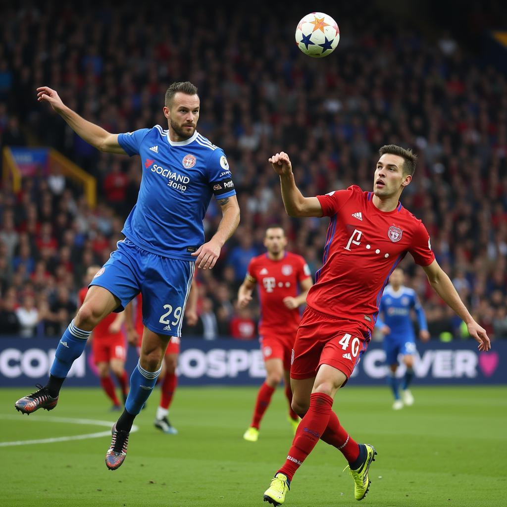 Haaland leaps high in the air to connect with a powerful header, sending the ball hurtling past a diving goalkeeper in a Champions League match.