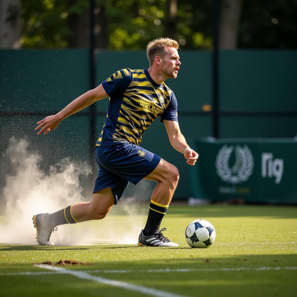 Erling Haaland taking a powerful shot on goal