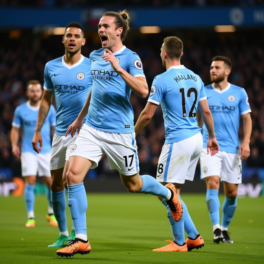 Haaland celebrating a Premier League goal with his teammates