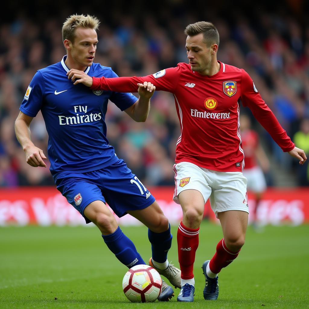 Haaland battling for possession against a Premier League defender