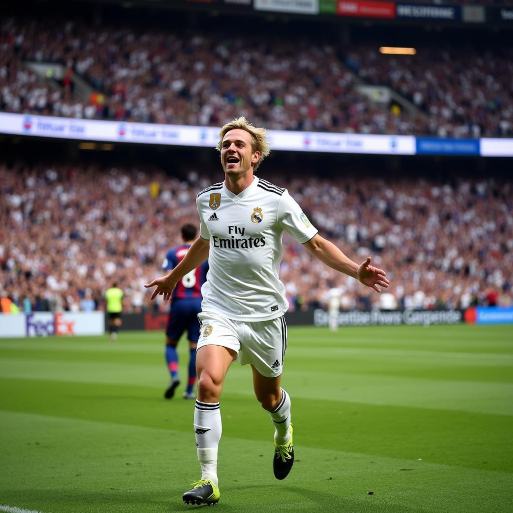 Haaland Celebrates a Goal in a Hypothetical Real Madrid Kit