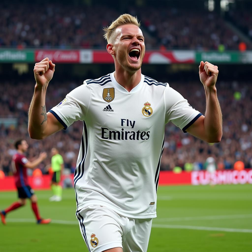 Haaland Celebrating a Goal in a Hypothetical Real Madrid Kit