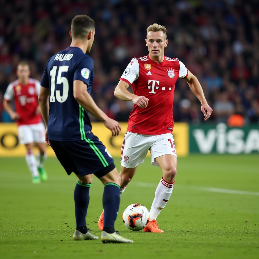 Haaland receives a pass from a Manchester City teammate.