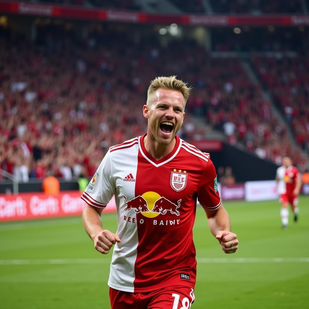 Haaland celebrating a goal in his Red Bull Salzburg shirt