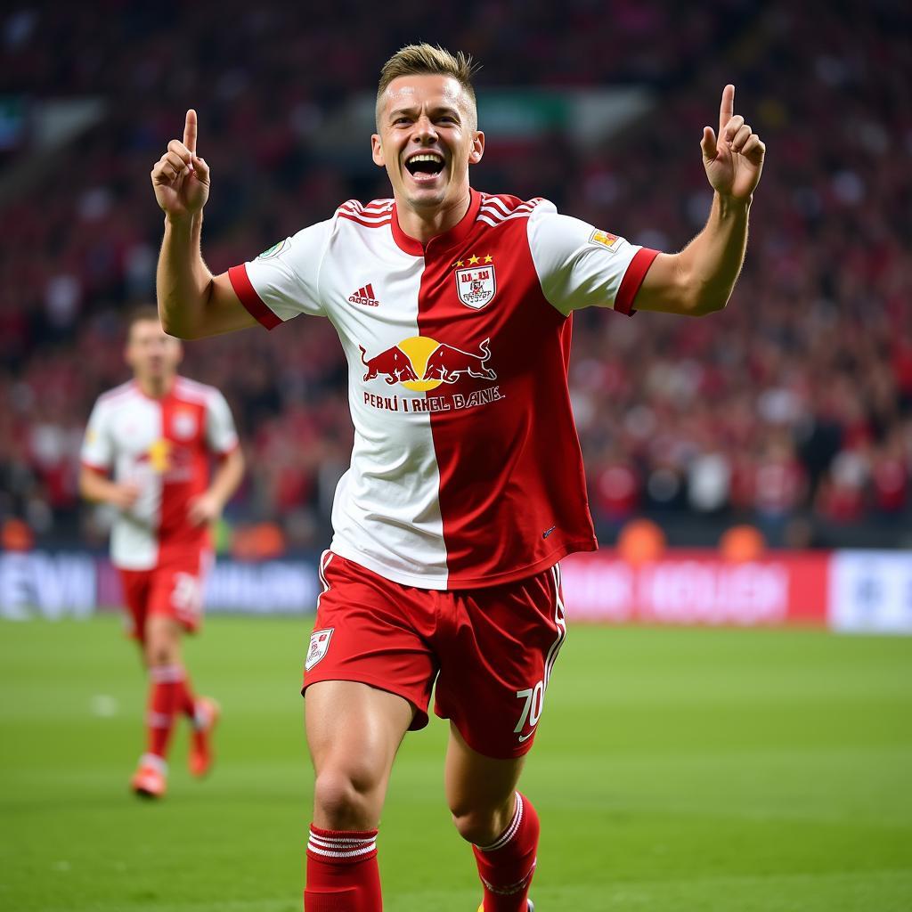 Erling Haaland celebrates a goal in his Salzburg shirt