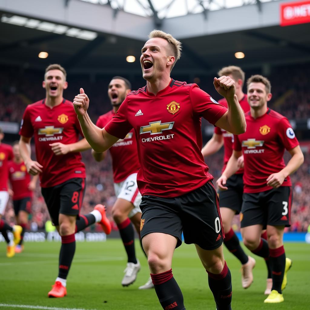 Erling Haaland scoring a goal in a Manchester United jersey