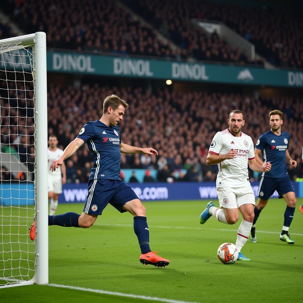 Erling Haaland scoring a crucial goal for Manchester City at the Etihad Stadium