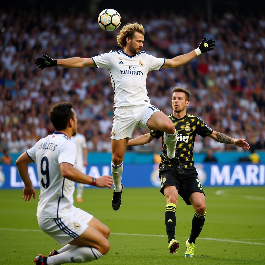 Haaland scoring a header against Real Madrid