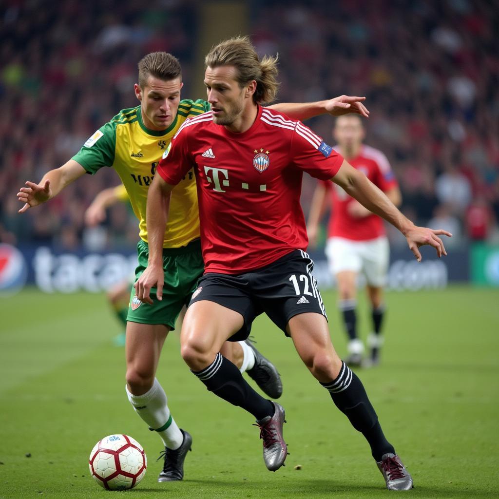 Erling Haaland using his strength to shield the ball from a defender.