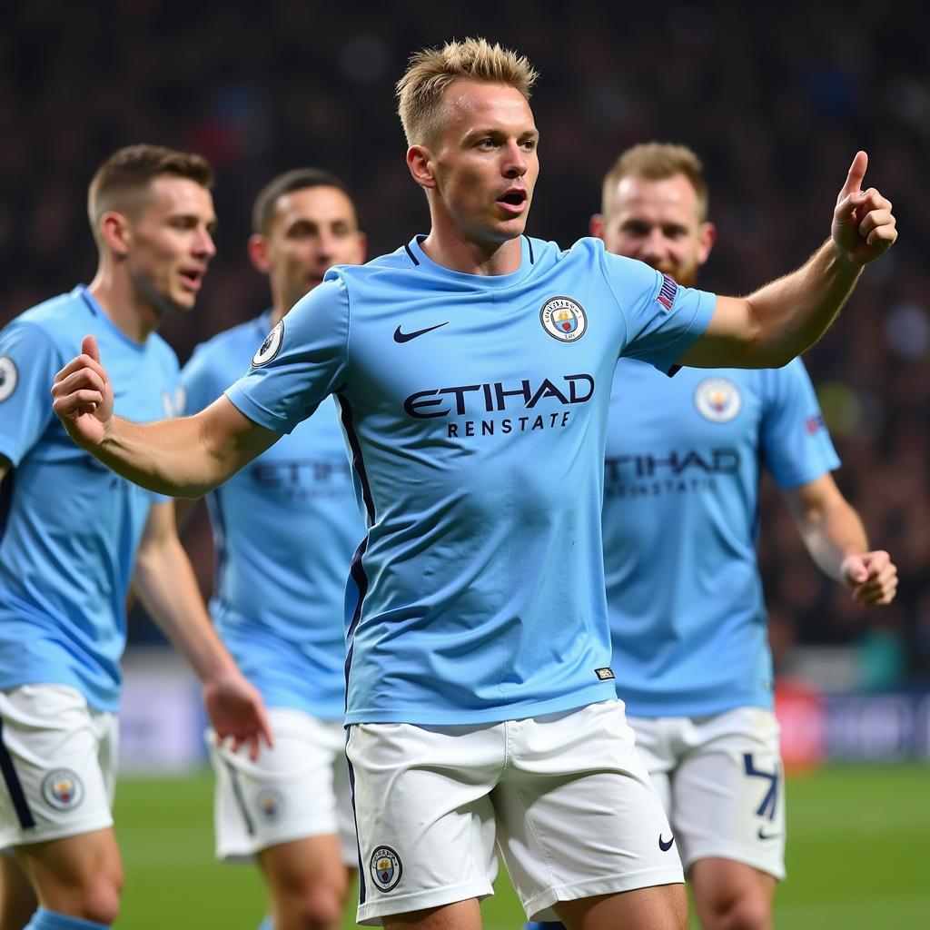 Haaland celebrating with Man City teammates